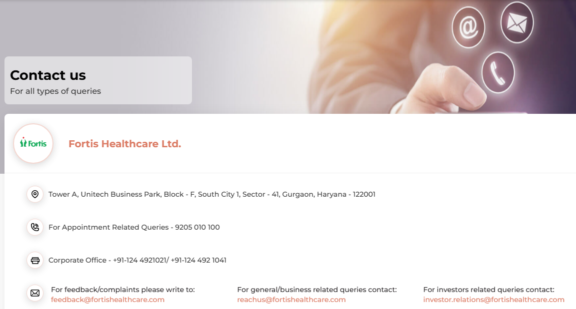 Fortis Healthcare Contact Page