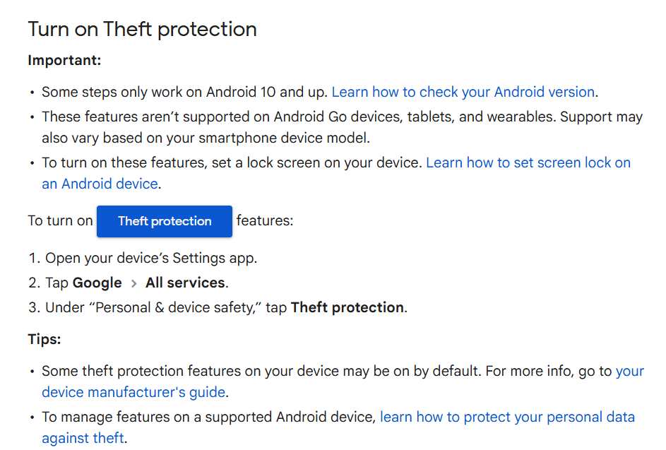 How to turn on theft protection